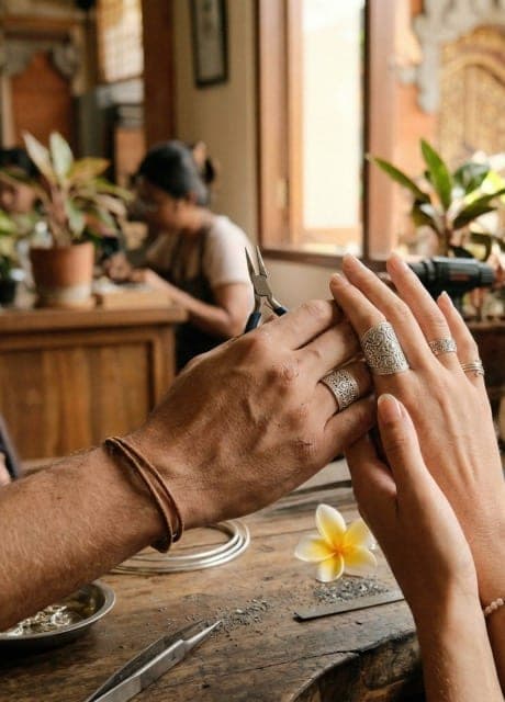 A couple showing the matching silver rings they made at a jewelry workshop in Bali
