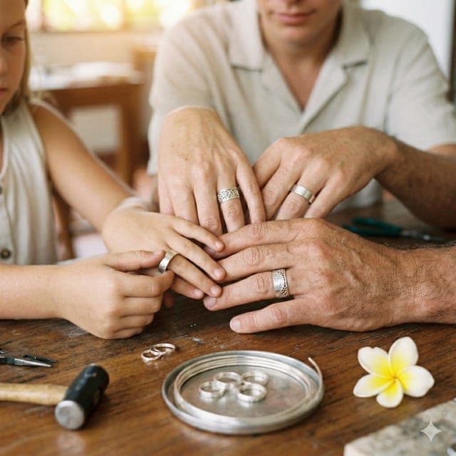 A parent and child showing the silver rings they made together in a Bali jewelry class